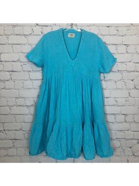 9 Seed Resort Turquoise 100% Cotton Gauze Dress Size P/S Pockets FLAW